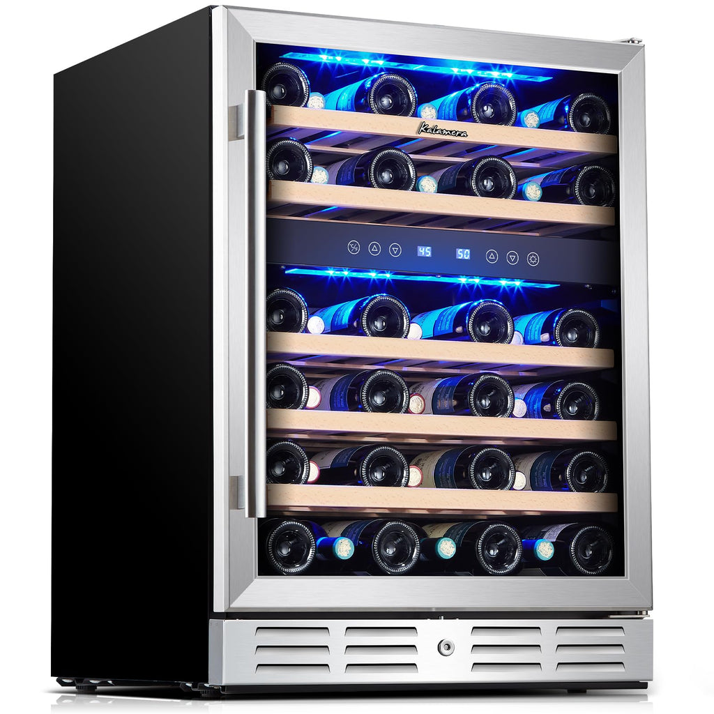 Kalamera 24 Inch Dual Zone Built-in or Freestanding Wine Cooler, 46 Bottle Refrigerator with Stainless Steel Reversible Glass Door, for Home, Kitchen or Office