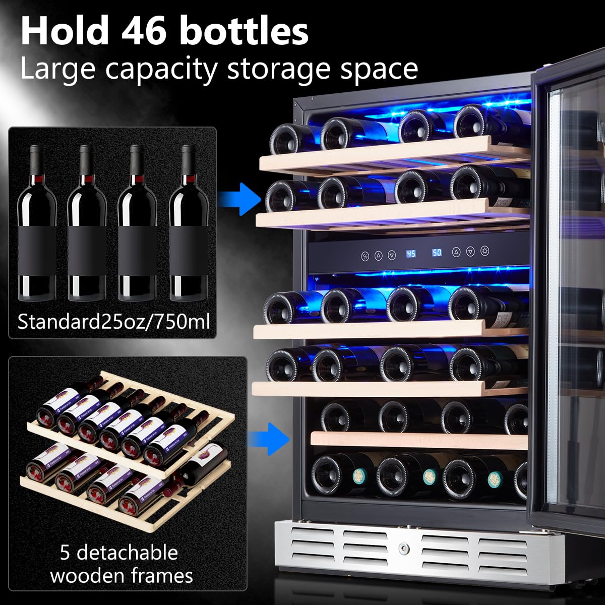 Kalamera 24 Inch Dual Zone Built-in or Freestanding Wine Cooler, 46 Bottle Refrigerator with Stainless Steel Reversible Glass Door, for Home, Kitchen or Office