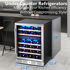 Kalamera 24 Inch Dual Zone Built-in or Freestanding Wine Cooler, 46 Bottle Refrigerator with Stainless Steel Reversible Glass Door, for Home, Kitchen or Office