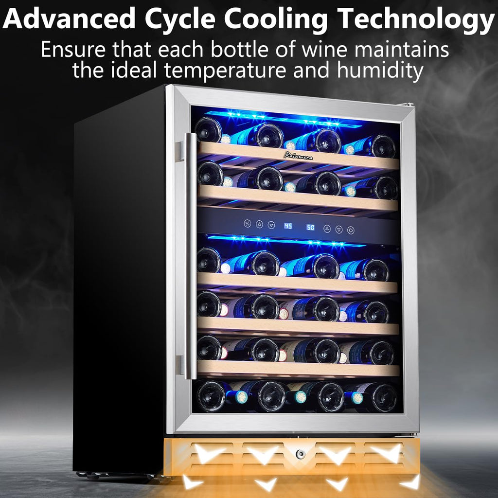 Kalamera 24 Inch Dual Zone Built-in or Freestanding Wine Cooler, 46 Bottle Refrigerator with Stainless Steel Reversible Glass Door, for Home, Kitchen or Office