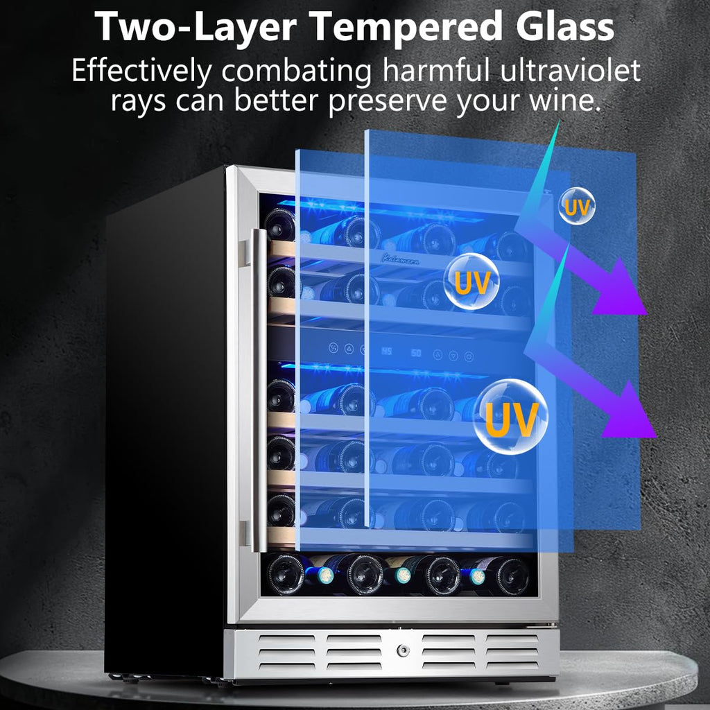 Kalamera 24 Inch Dual Zone Built-in or Freestanding Wine Cooler, 46 Bottle Refrigerator with Stainless Steel Reversible Glass Door, for Home, Kitchen or Office