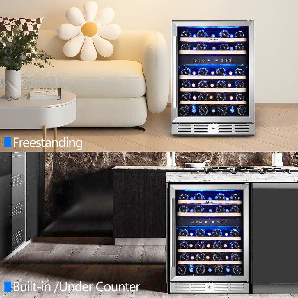 Kalamera 24 Inch Dual Zone Built-in or Freestanding Wine Cooler, 46 Bottle Refrigerator with Stainless Steel Reversible Glass Door, for Home, Kitchen or Office