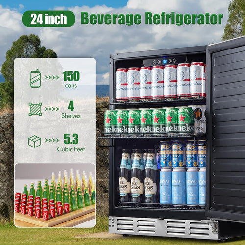 24 Inch Single Zone Built-in or Freestanding Beverage Cooler, 150 Cans, for Kitchen & Bar
