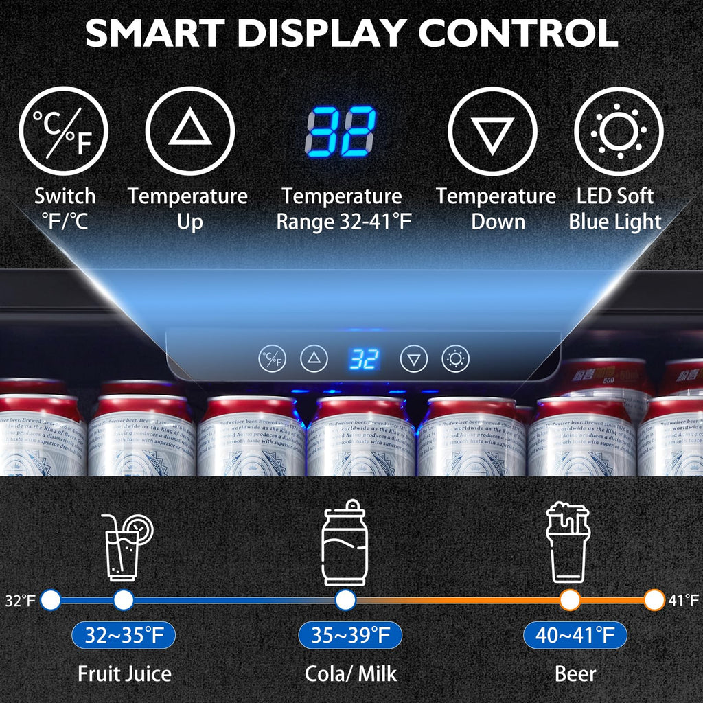 24 Inch Single Zone Built-in or Freestanding Beverage Cooler, 150 Cans, for Kitchen & Bar