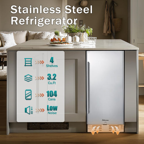 15 Inch Under Counter Beverage Refrigerator, Stainless Steel Door, 104 Cans, 32-41°F