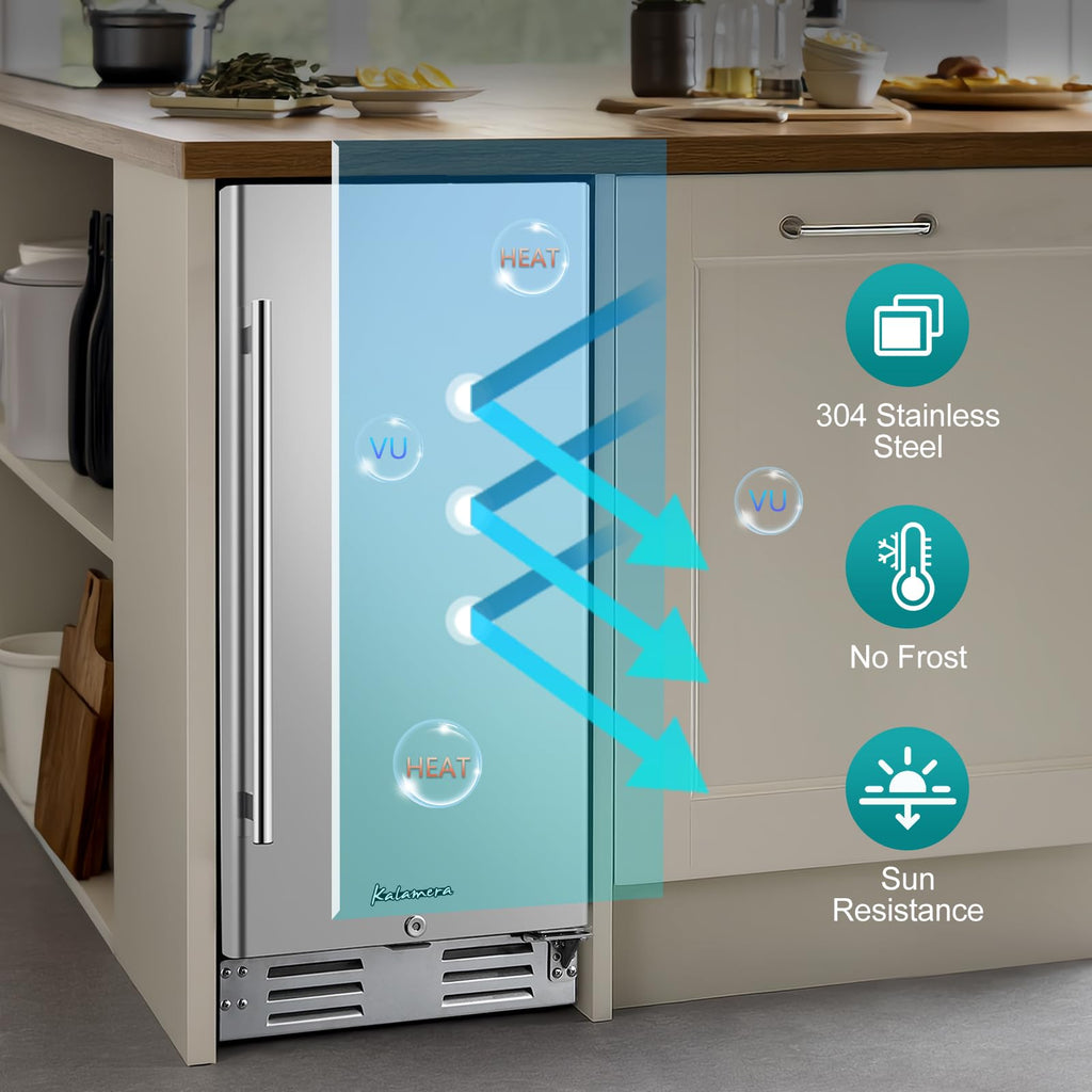15 Inch Under Counter Beverage Refrigerator, Stainless Steel Door, 104 Cans, 32-41°F