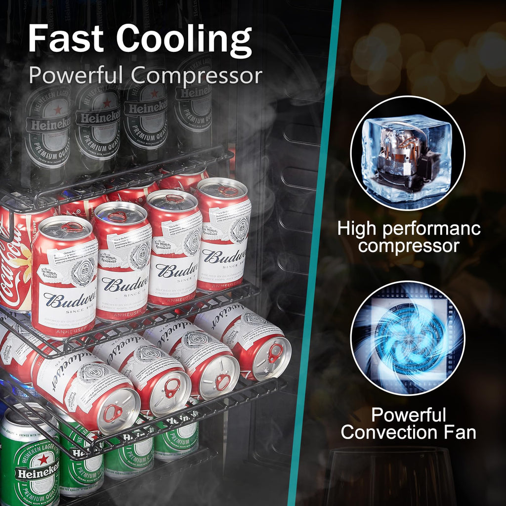 15 Inch Under Counter Beverage Refrigerator, Stainless Steel Door, 104 Cans, 32-41°F