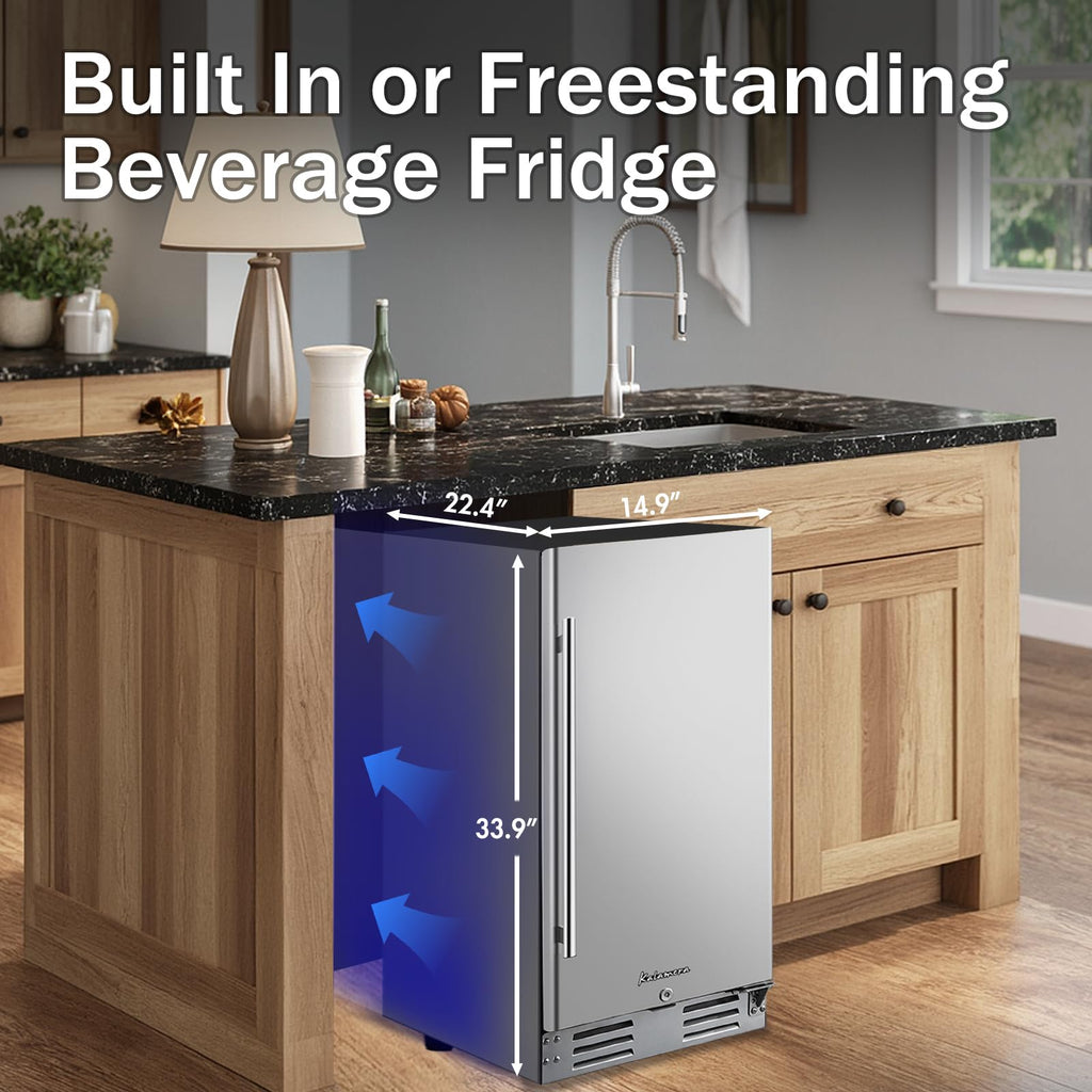 15 Inch Under Counter Beverage Refrigerator, Stainless Steel Door, 104 Cans, 32-41°F