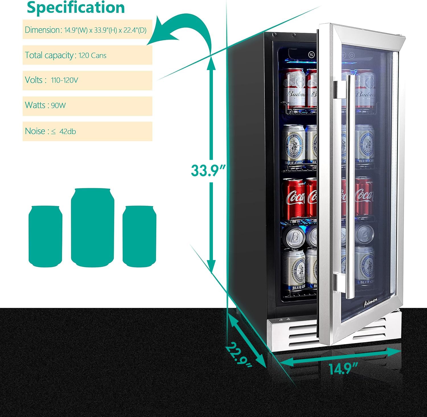 15 Inch Single Zone Built-in or Freestanding Beverage Cooler, 96 Cans, for Kitchen & Bar