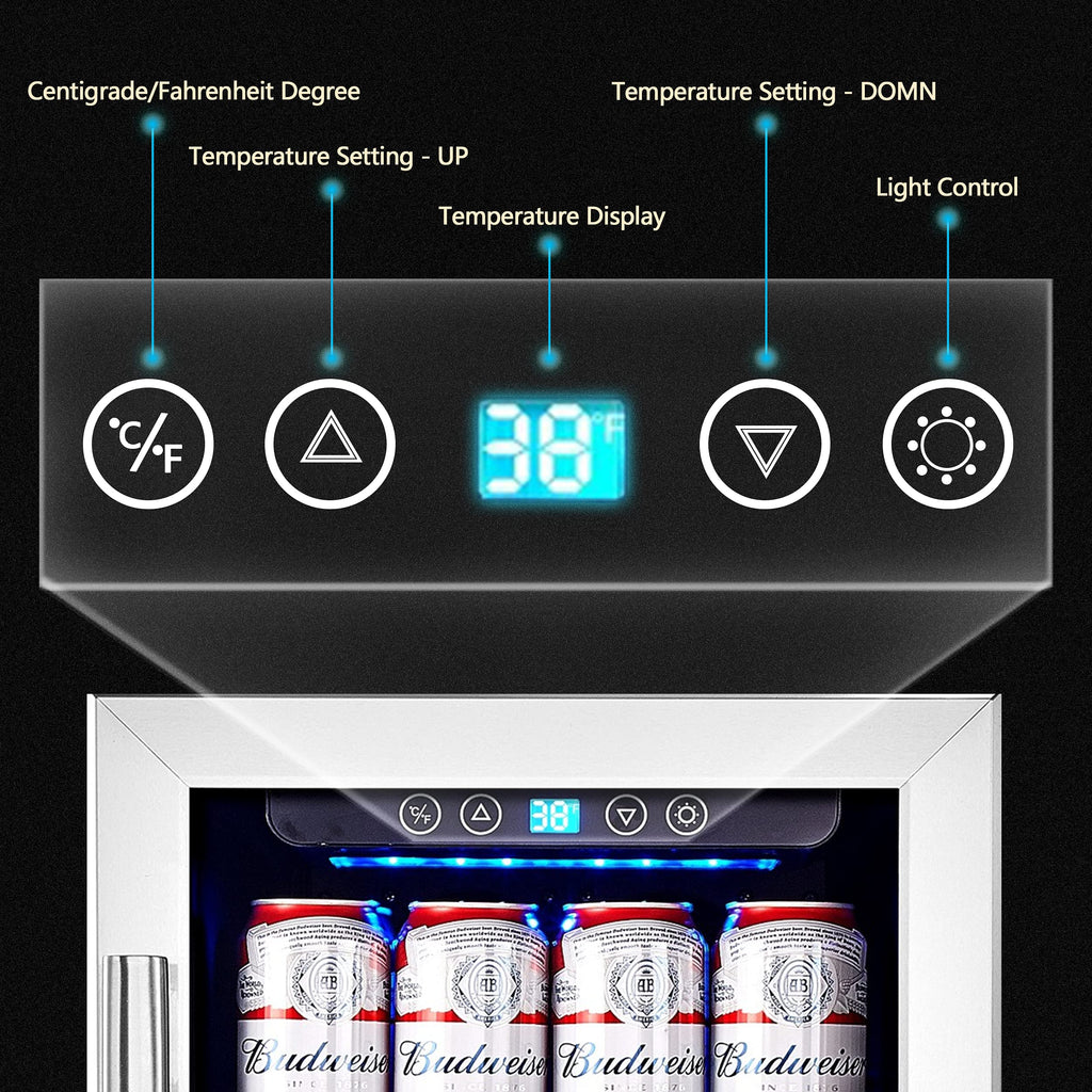 15 Inch Single Zone Built-in or Freestanding Beverage Cooler, 96 Cans, for Kitchen & Bar