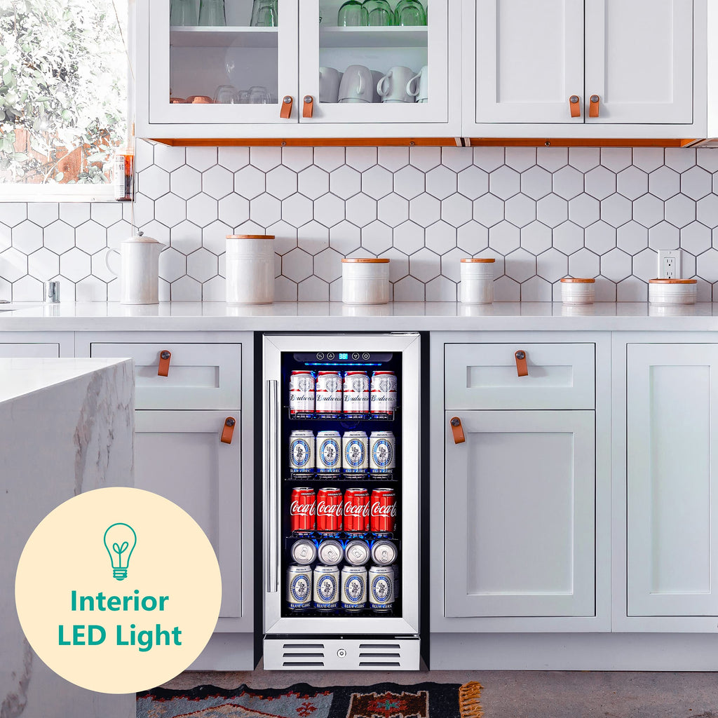 15 Inch Single Zone Built-in or Freestanding Beverage Cooler, 96 Cans, for Kitchen & Bar