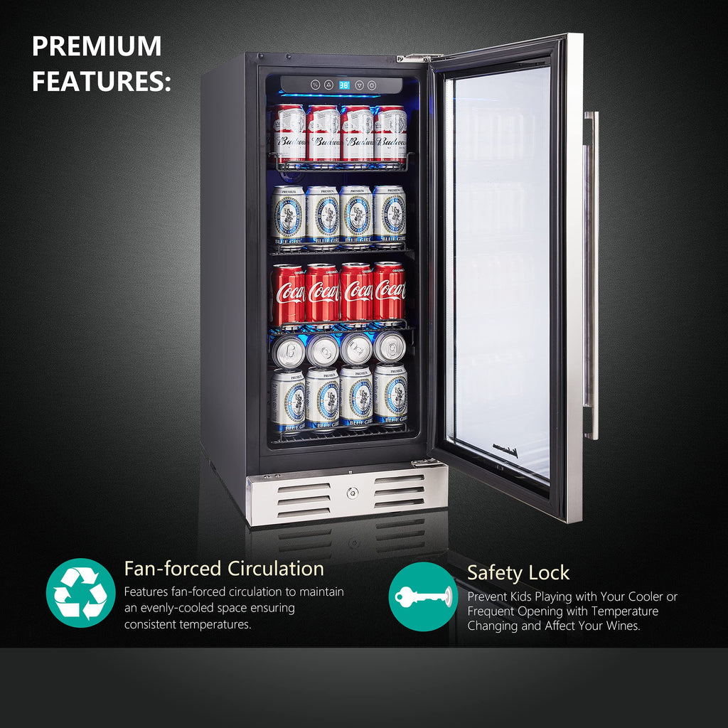 15 Inch Single Zone Built-in or Freestanding Beverage Cooler, 96 Cans, for Kitchen & Bar