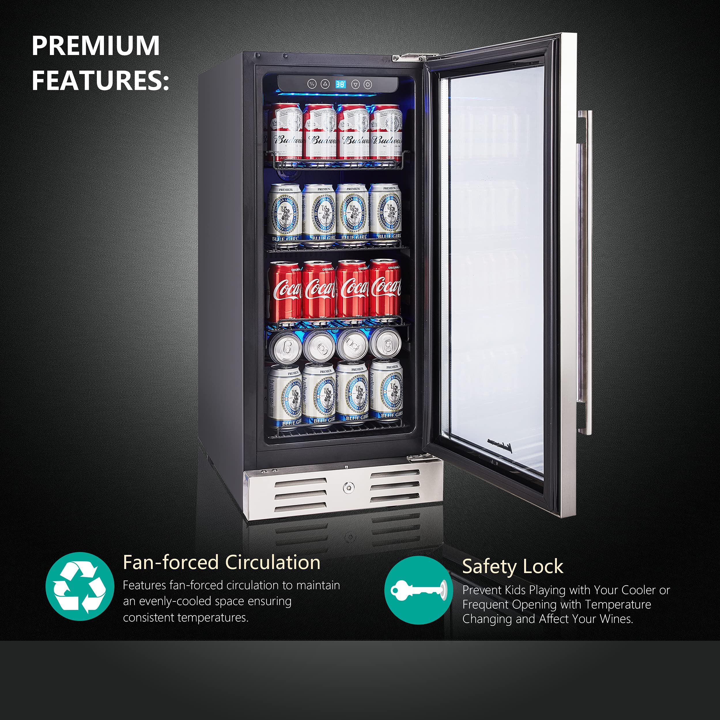 15 Inch Single Zone Built-in or Freestanding Beverage Cooler, 96 Cans, for Kitchen & Bar