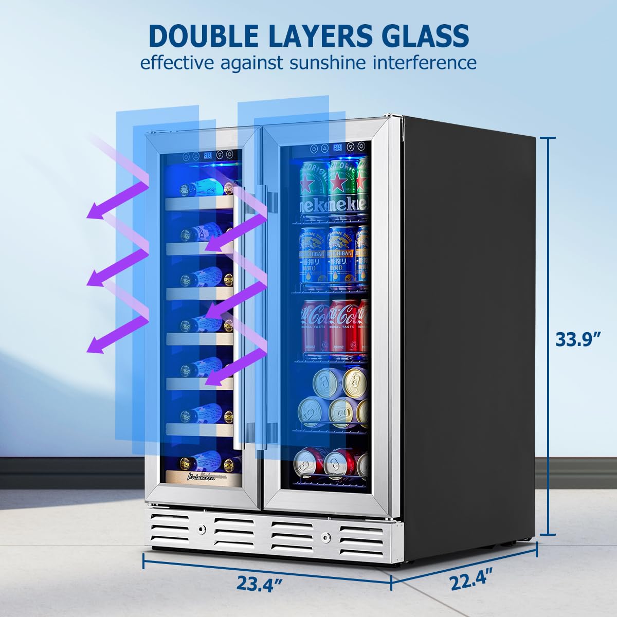 24 Inch Dual Zone Built-in Wine and Beverage Cooler, 21 Bottle 75 Can Refrigerator