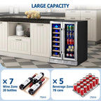 24 Inch Dual Zone Built-in Wine and Beverage Cooler, 21 Bottle 75 Can Refrigerator