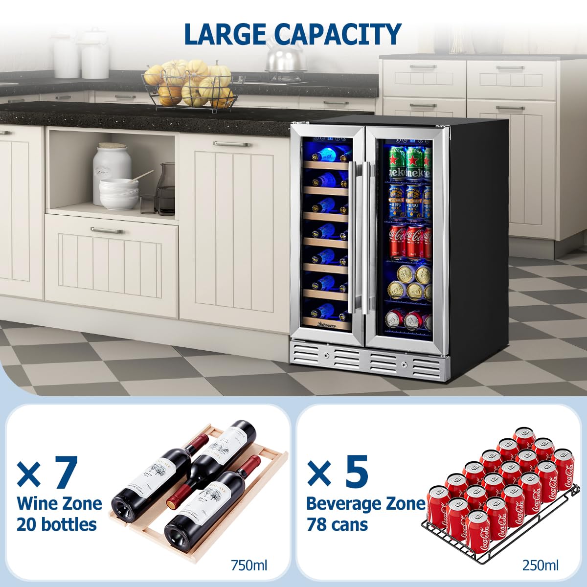 24 Inch Dual Zone Built-in Wine and Beverage Cooler, 21 Bottle 75 Can Refrigerator