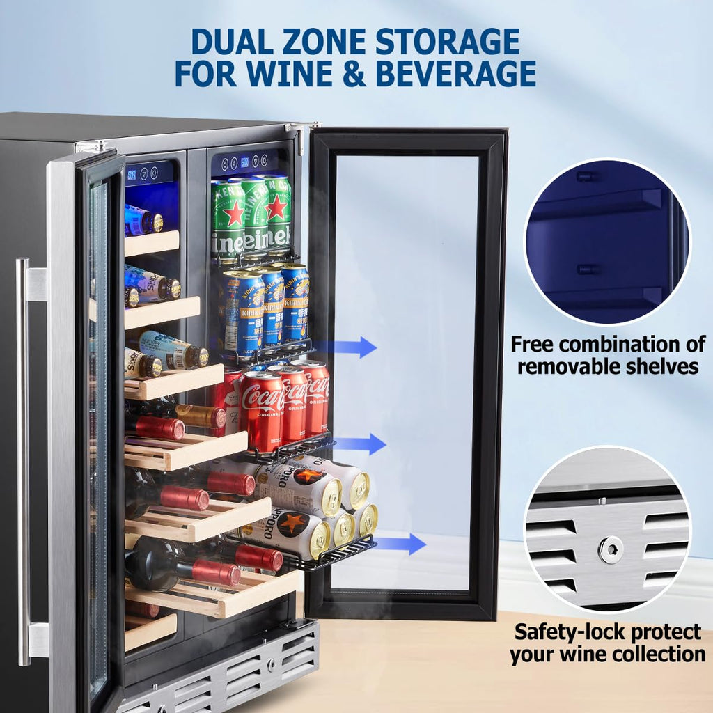 24 Inch Dual Zone Built-in Wine and Beverage Cooler, 21 Bottle 75 Can Refrigerator