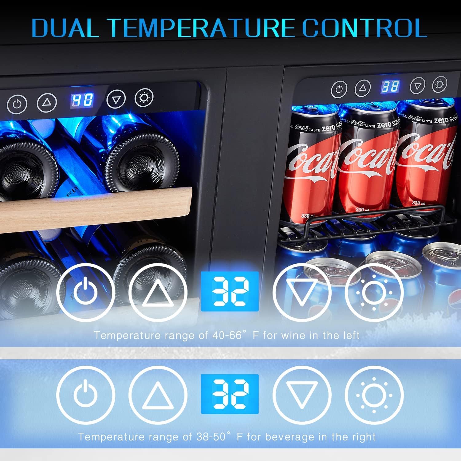 24 Inch Dual Zone Built-in Wine and Beverage Cooler, 21 Bottle 75 Can Refrigerator