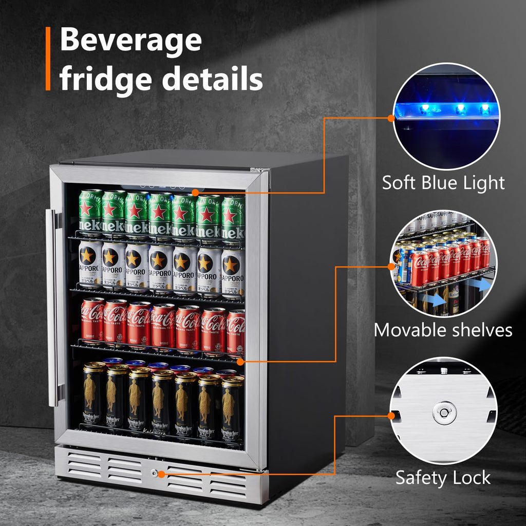 24 Inch Single Zone Built-in Beverage Cooler, 164 Can Under Counter Drink Fridge