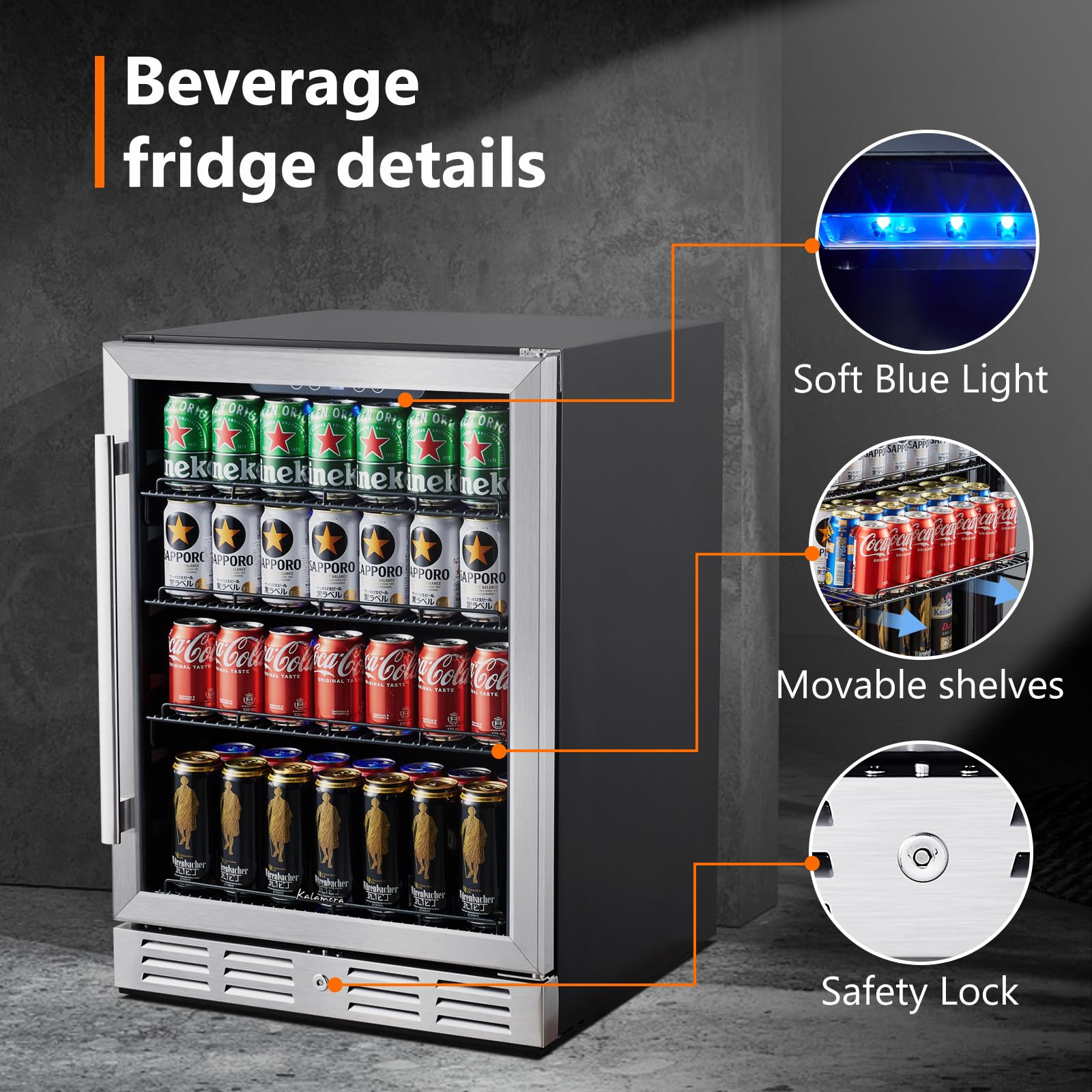 24 Inch Single Zone Built-in Beverage Cooler, 164 Can Under Counter Drink Fridge