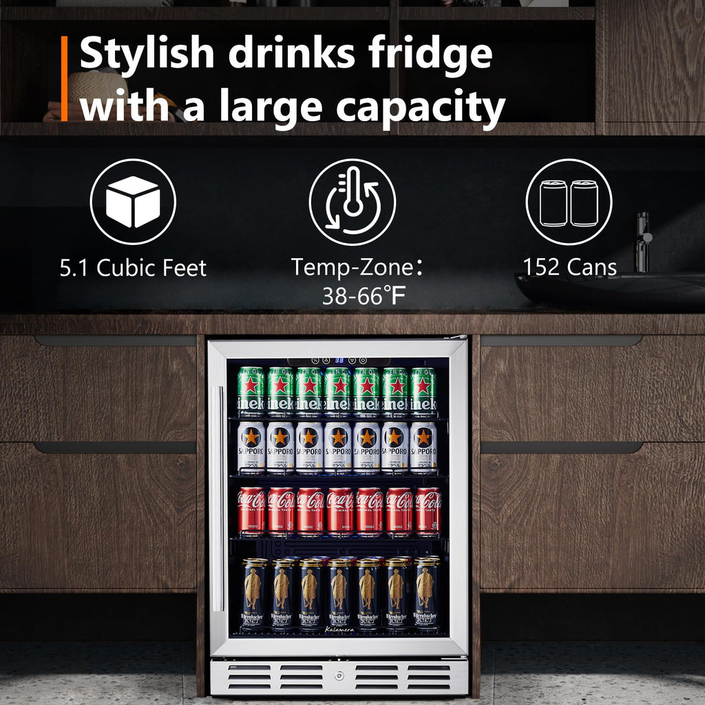 24 Inch Single Zone Built-in Beverage Cooler, 164 Can Under Counter Drink Fridge