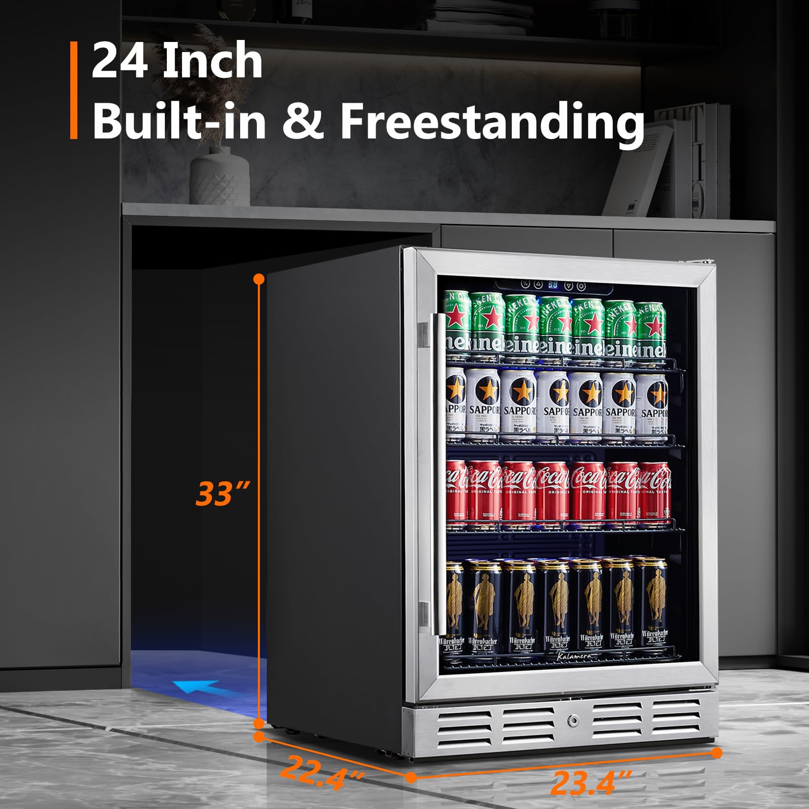 24 Inch Single Zone Built-in Beverage Cooler, 164 Can Under Counter Drink Fridge