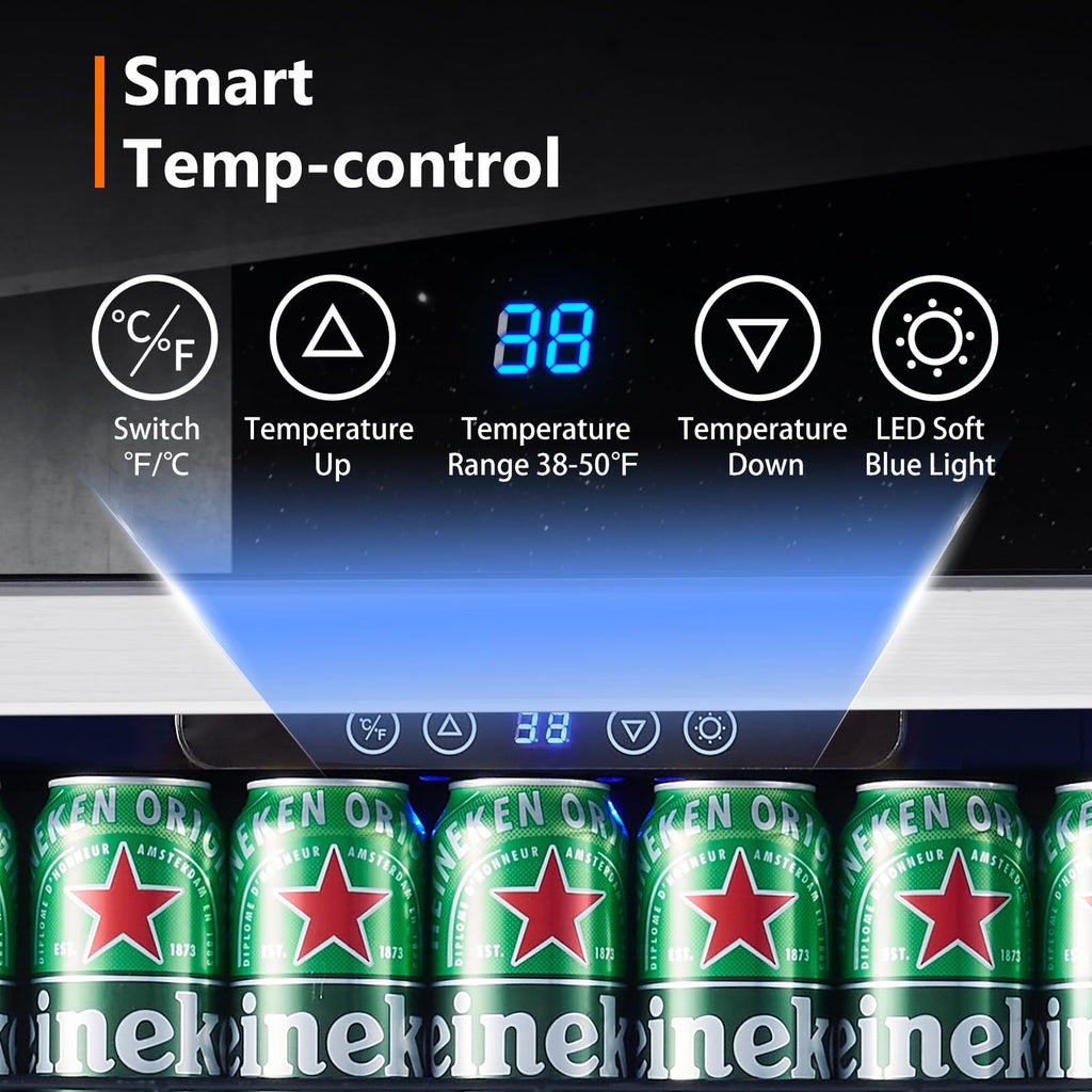 24 Inch Single Zone Built-in Beverage Cooler, 164 Can Under Counter Drink Fridge
