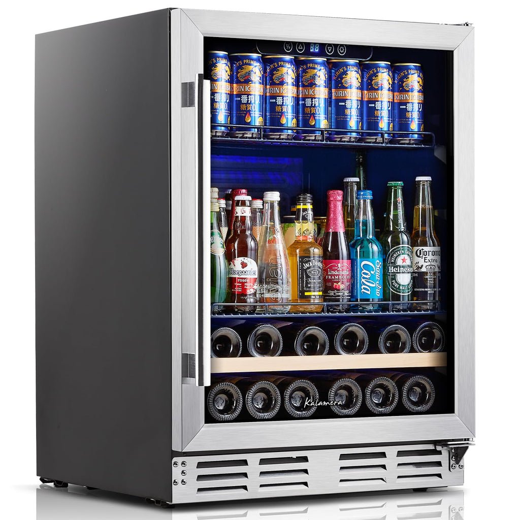 24 Inch Built-in or Freestanding Beverage and Wine Cooler, 120 Can & 16 Bottle Fridge