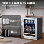 24 Inch Built-in or Freestanding Beverage and Wine Cooler, 120 Can & 16 Bottle Fridge