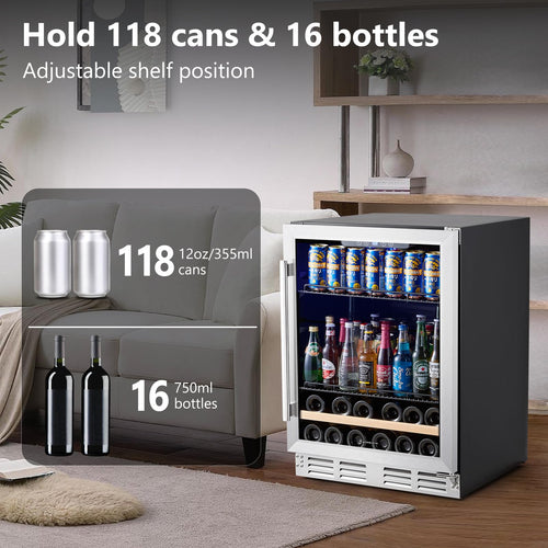 Beverage Fridge 24 Inch Beverage and Wine Cooler Built-in or Freestanding - 120 Cans & 16 Bottles Capacity Wine Refrigerator Cooler