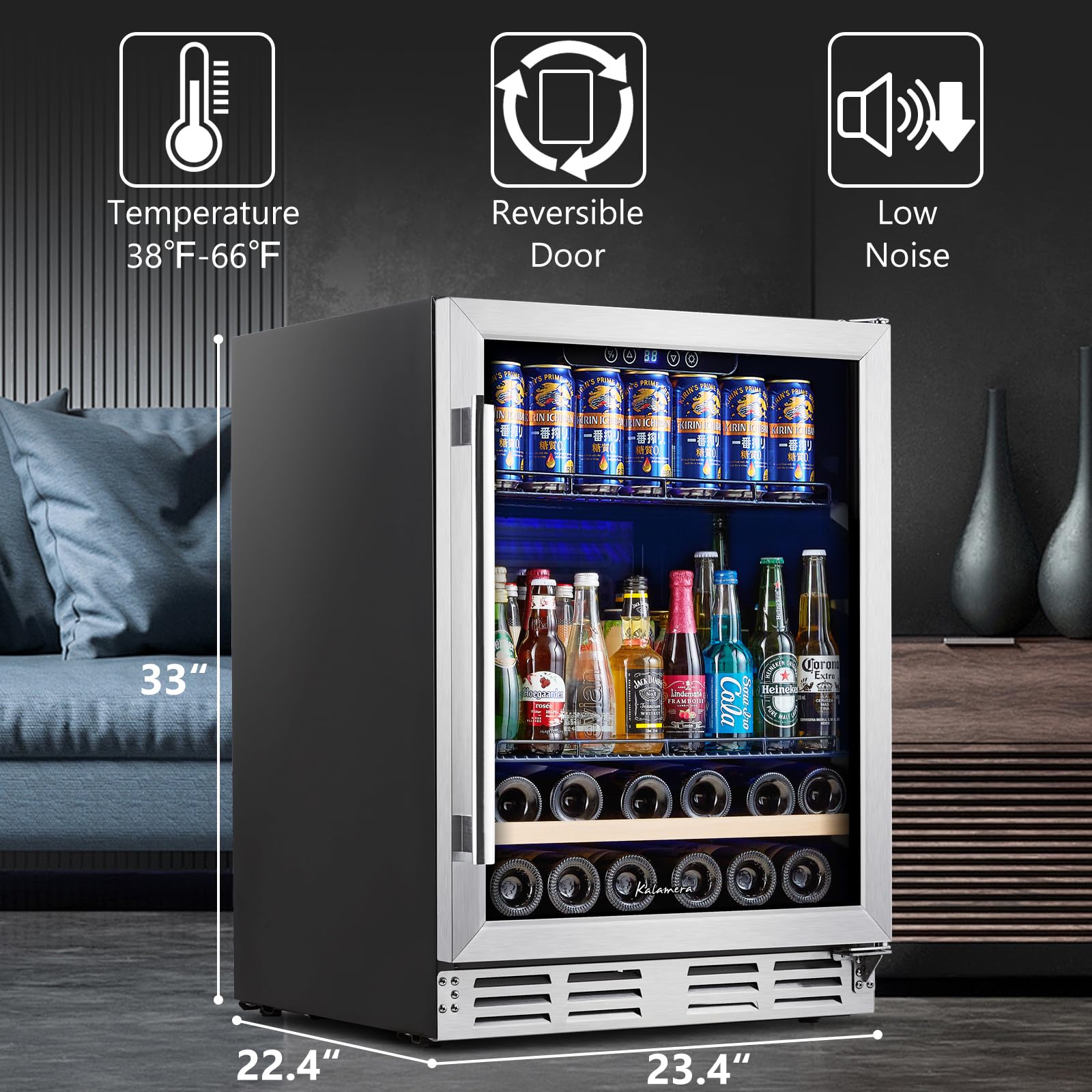 24 Inch Built-in or Freestanding Beverage and Wine Cooler, 120 Can & 16 Bottle Fridge