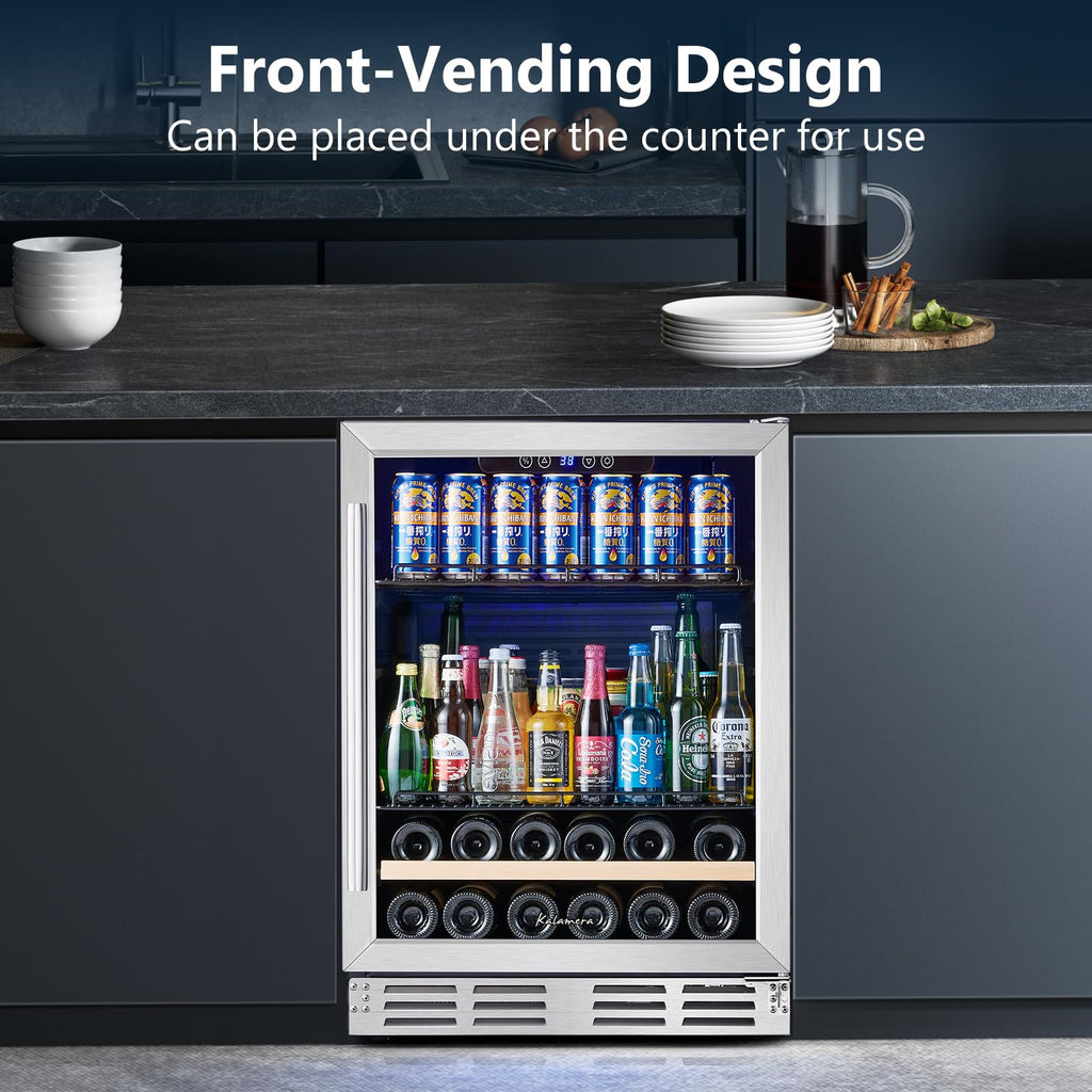 24 Inch Built-in or Freestanding Beverage and Wine Cooler, 120 Can & 16 Bottle Fridge