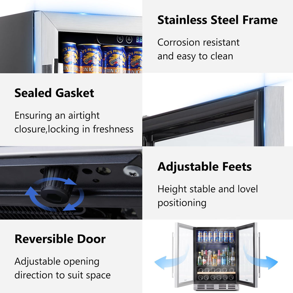 24 Inch Built-in or Freestanding Beverage and Wine Cooler, 120 Can & 16 Bottle Fridge