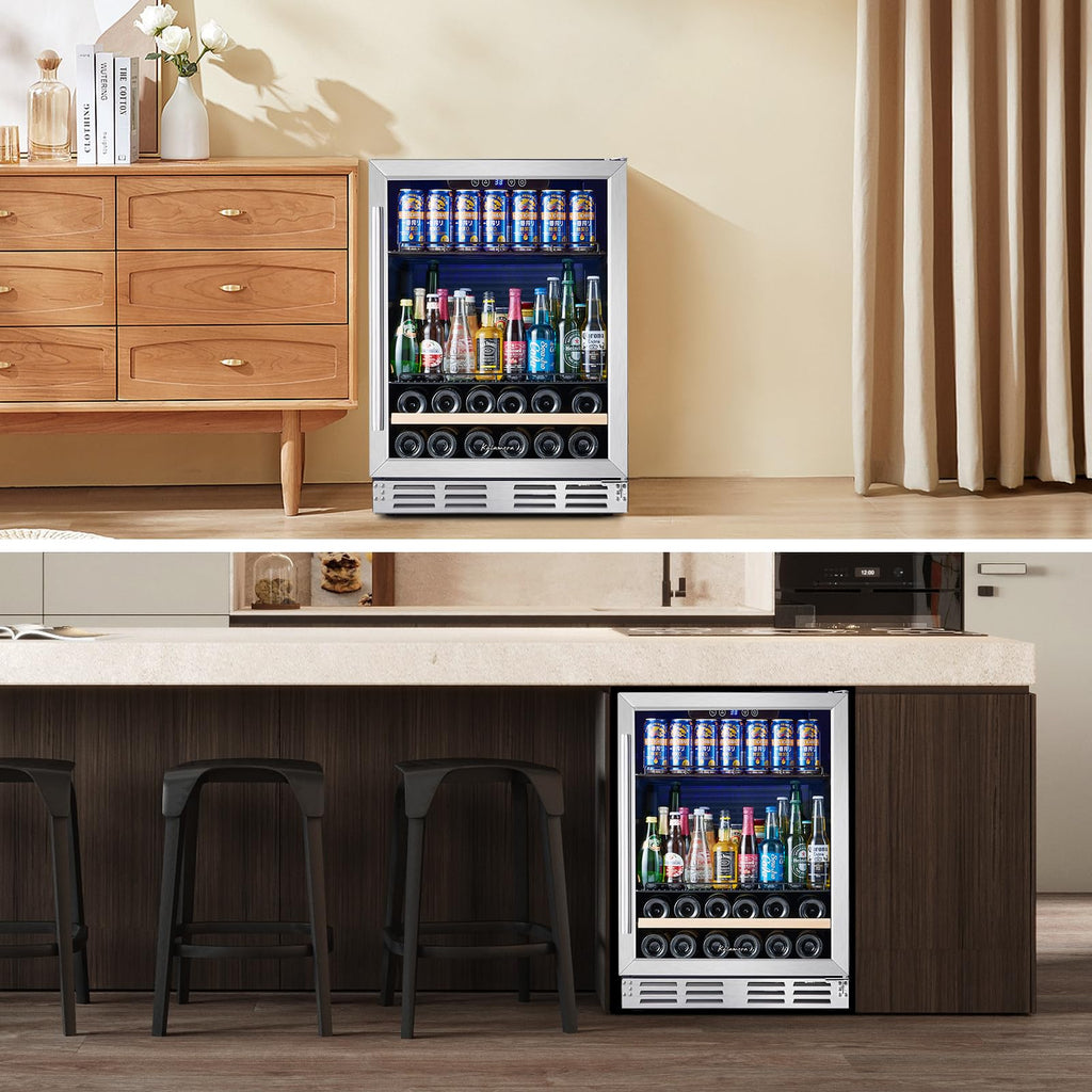 24 Inch Built-in or Freestanding Beverage and Wine Cooler, 120 Can & 16 Bottle Fridge