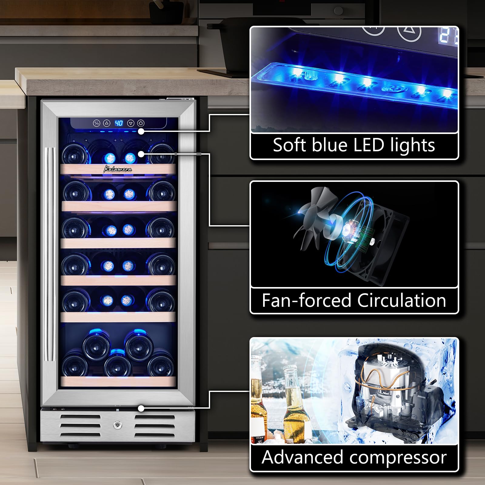 15 Inch Single Zone Built-in or Freestanding Wine Cooler, 30 Bottles, for Kitchen & Bar