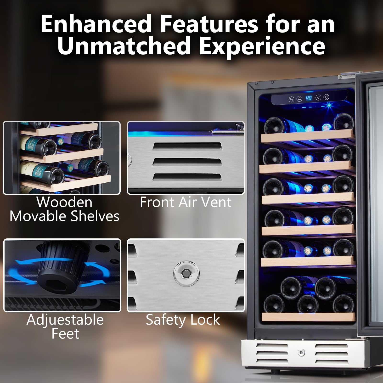 15 Inch Single Zone Built-in or Freestanding Wine Cooler, 30 Bottles, for Kitchen & Bar