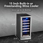 15 Inch Single Zone Built-in or Freestanding Wine Cooler, 30 Bottles, for Kitchen & Bar
