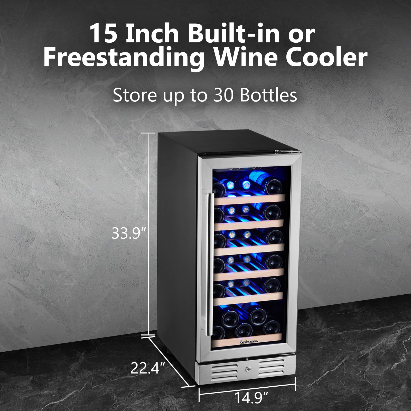 15 Inch Single Zone Built-in or Freestanding Wine Cooler, 30 Bottles, for Kitchen & Bar