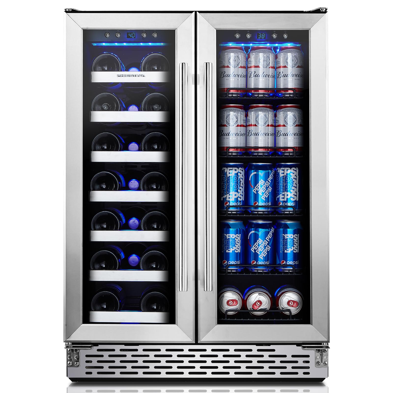 Phiestina Wine and Beverage Refrigerator, 24’’ Wine Cooler- 20 Bottles&78 Cans, Built-in/Freestanding Dual Zone Wine Fridge with Glass Door, Removable Shelves for Home/Bar/Office