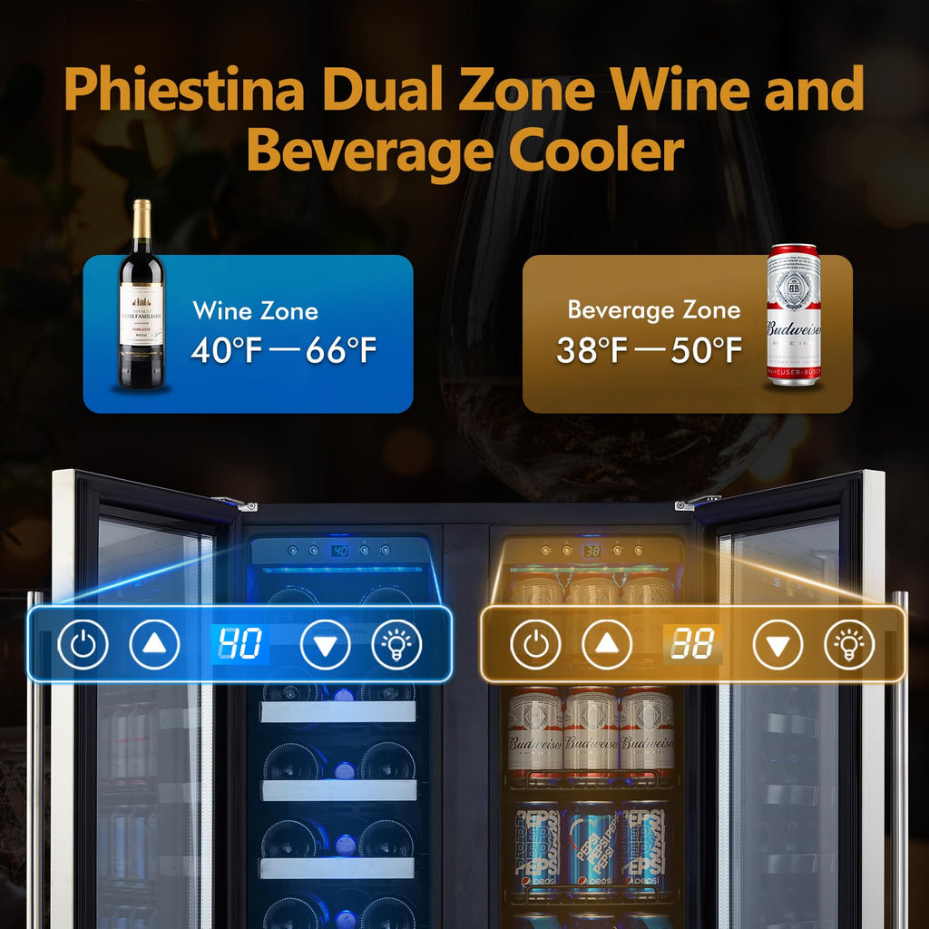 24 Inch Dual Zone Built-in or Freestanding Wine and Beverage Cooler, 20 Bottles & 78 Cans, for Kitchen & Bar