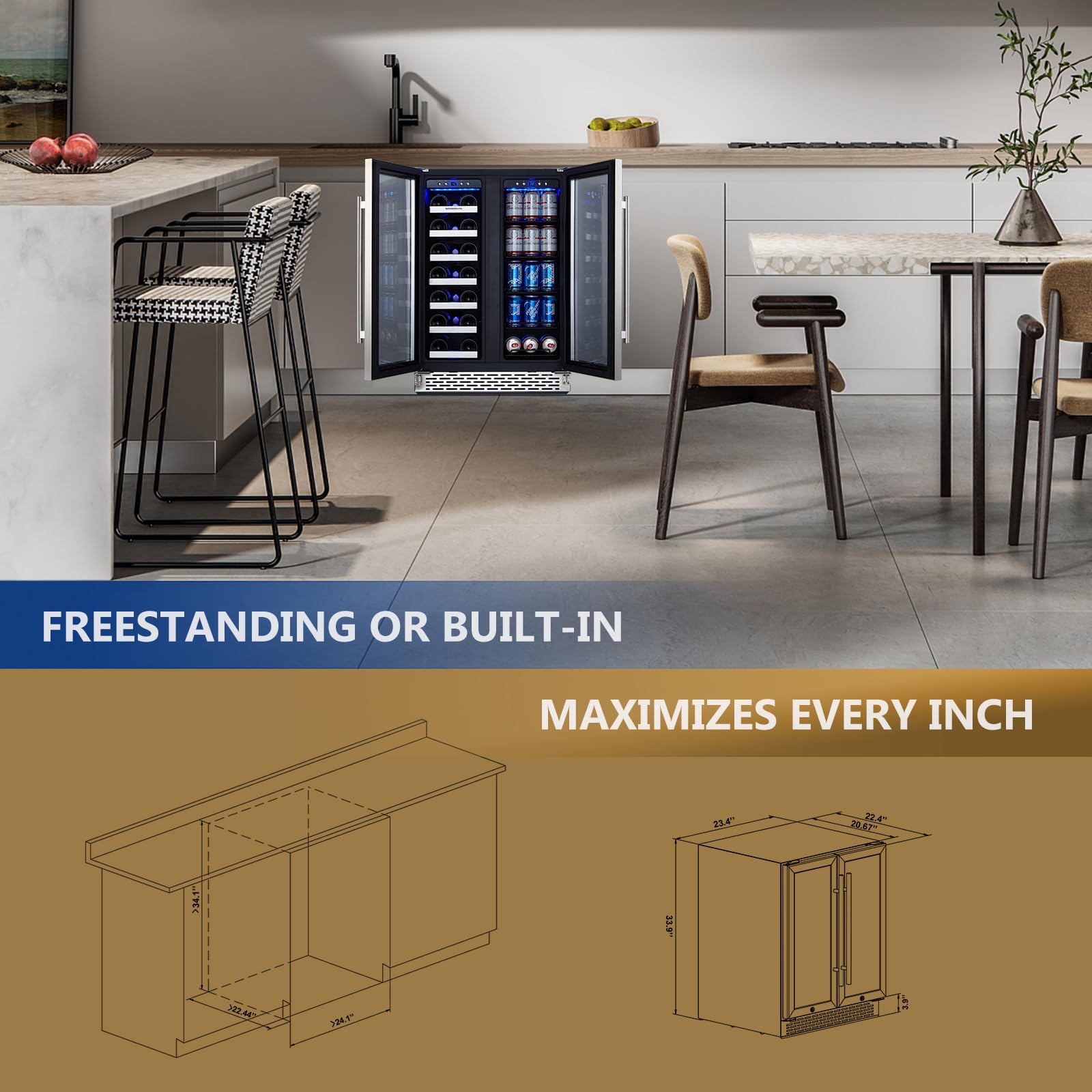 24 Inch Dual Zone Built-in or Freestanding Wine and Beverage Cooler, 20 Bottles & 78 Cans, for Kitchen & Bar