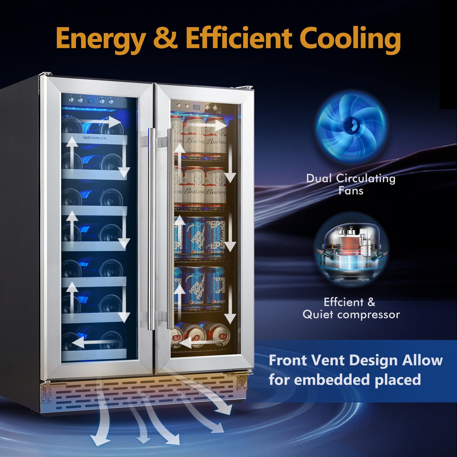 24 Inch Dual Zone Built-in or Freestanding Wine and Beverage Cooler, 20 Bottles & 78 Cans, for Kitchen & Bar