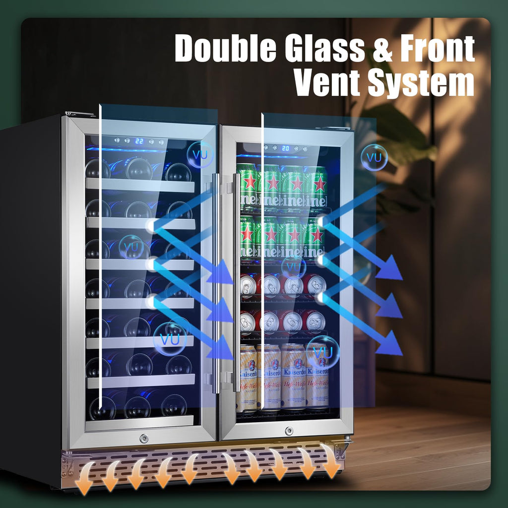 30 Inch Dual Zone Built-in or Freestanding Wine and Beverage Cooler, 33 Bottles & 100 Cans, for Kitchen & Bar