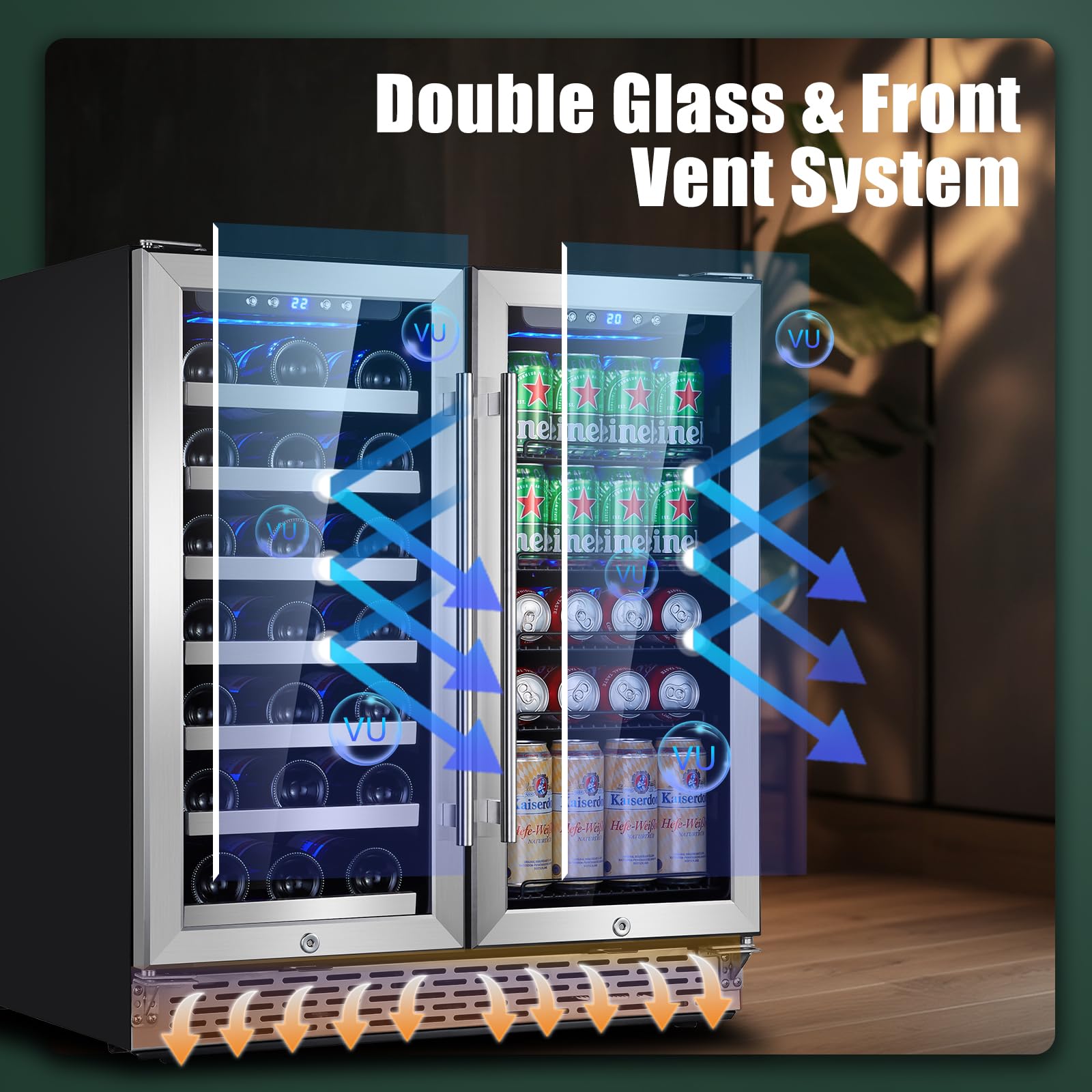 30 Inch Dual Zone Built-in or Freestanding Wine and Beverage Cooler, 33 Bottles & 100 Cans, for Kitchen & Bar