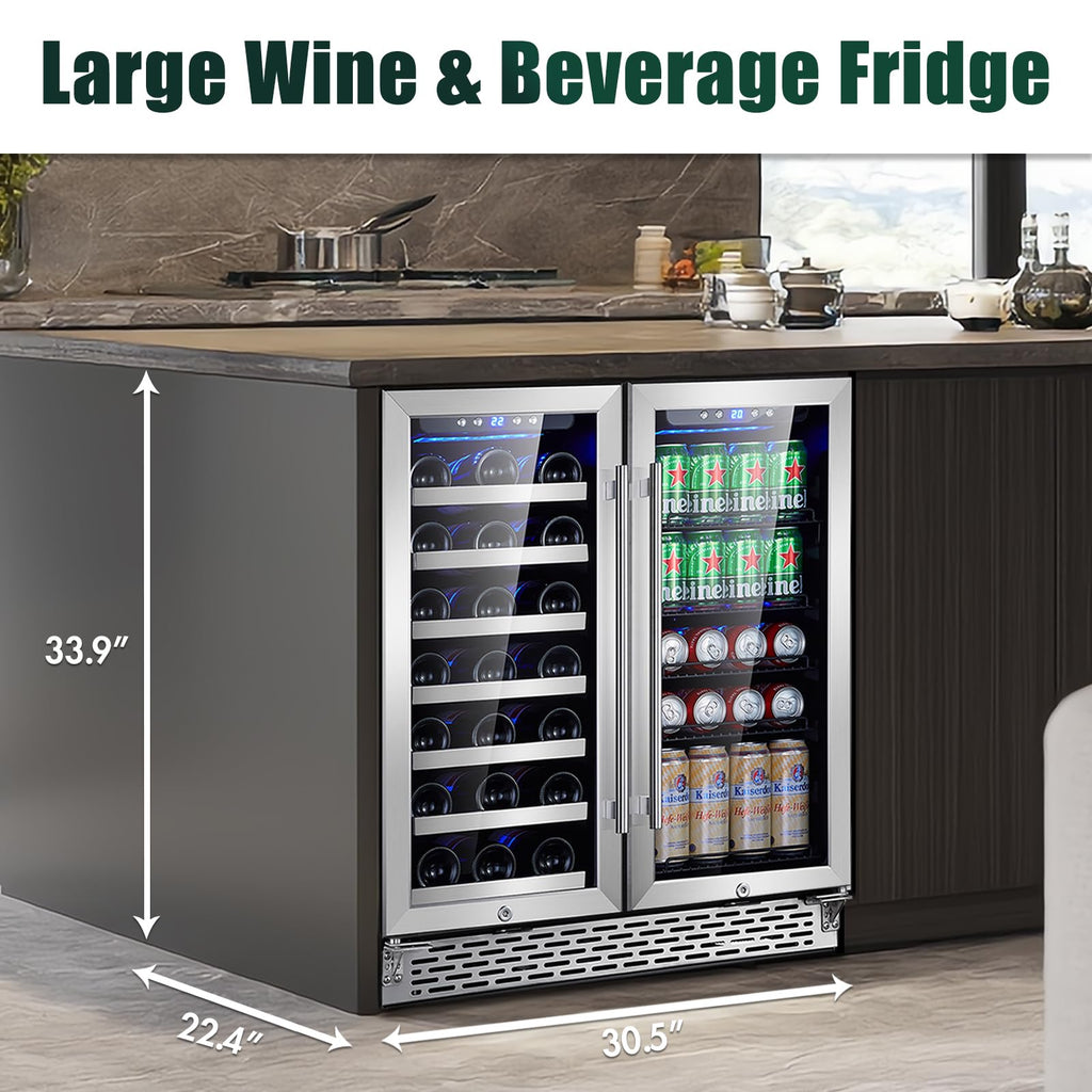 30 Inch Dual Zone Built-in or Freestanding Wine and Beverage Cooler, 33 Bottles & 100 Cans, for Kitchen & Bar