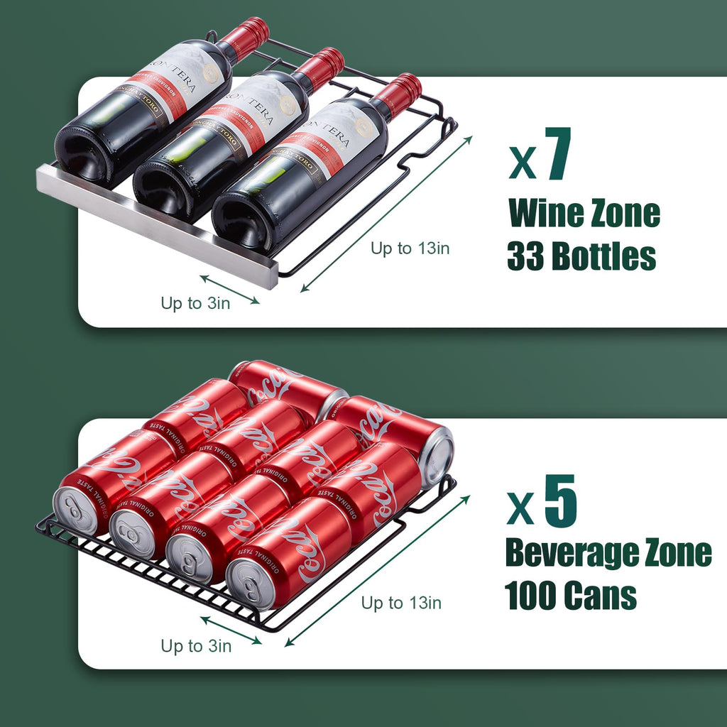 30 Inch Dual Zone Built-in or Freestanding Wine and Beverage Cooler, 33 Bottles & 100 Cans, for Kitchen & Bar
