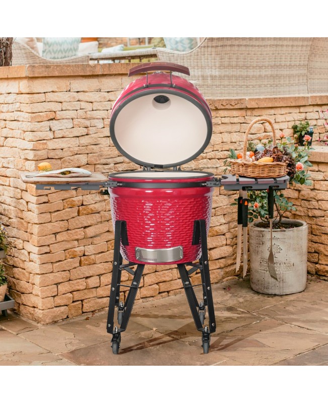 Kalamera 21” Ultimate Outdoor Ceramic Grill Kamado with Cart and Side-wings Red
