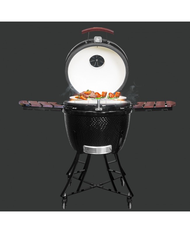 Kalamera 24” Ultimate Outdoor Ceramic Grill Kamado with Cart and Side-wings Black