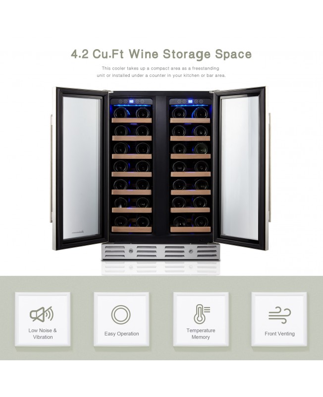 Kalamera 24" 4.2cu.ft 40-bottle Built-in Wine Cooler Two Door Dual Zone