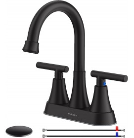 Bathroom Faucets for Sink 3 Hole, Hurran 4 inch Matte Black with Pop-up Drain and 2 Supply Hoses, Stainless Steel Lead-Free 2-Handle Centerset Faucet for Sink Vanity